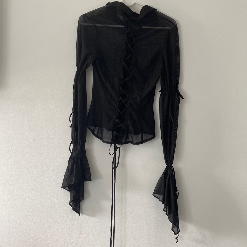 Express M sheer lace back flare sleeve shirt